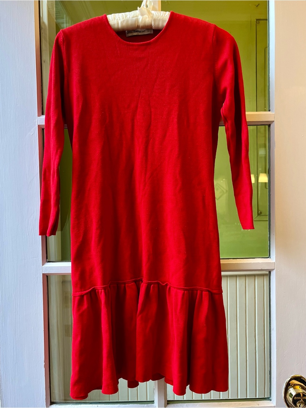 Zara Bright Red Long Sleeve Ruffle-Hem Drop-Waist Warm Knit Celebration Dress